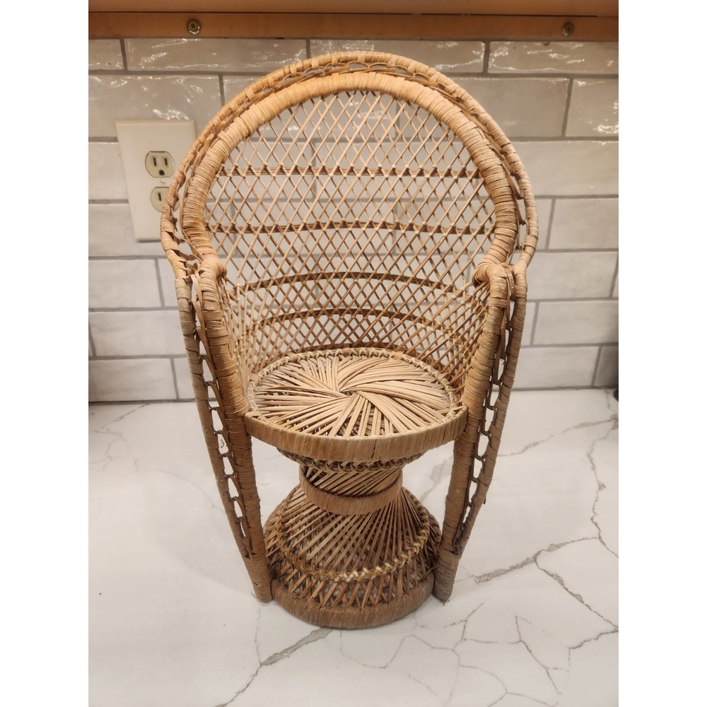 Vintage Wicker Peacock Fan Back Rattan Chair 16" Tall Doll Or Plant Stand Boho